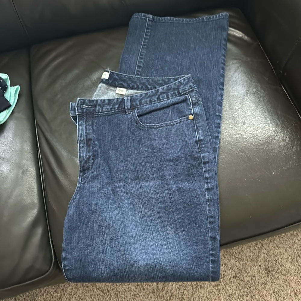 Dark wash jeans.